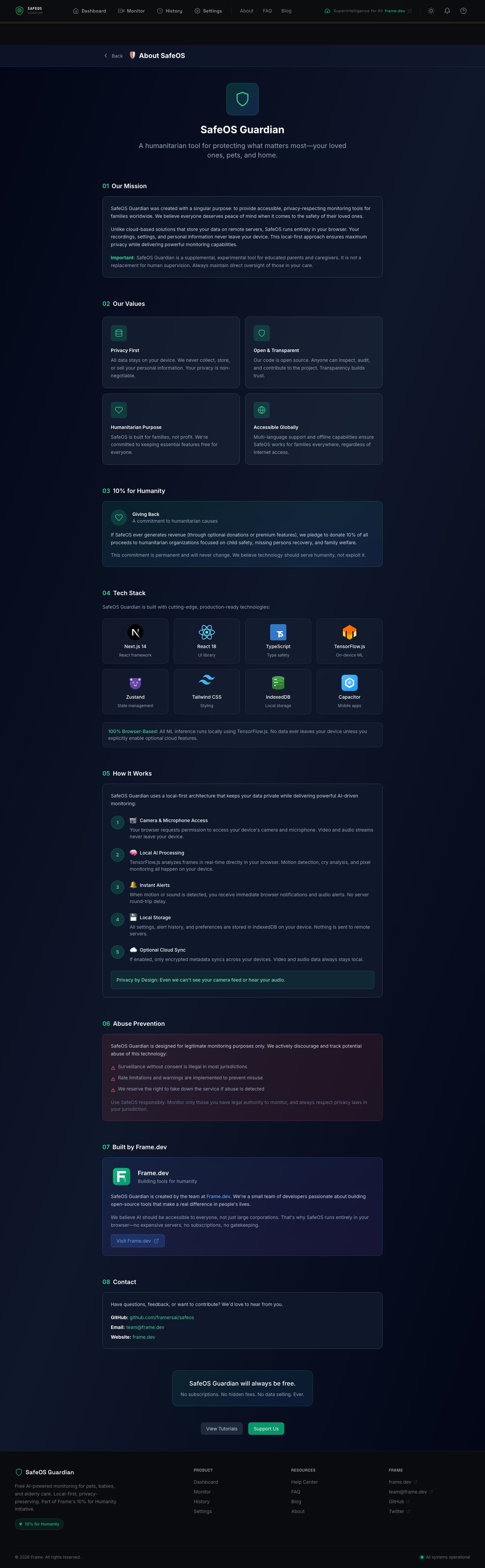 SafeOS About page with mission statement, values, 10% for Humanity pledge, tech stack showcase, how-it-works walkthrough, abuse prevention policy, and Frame.dev team context