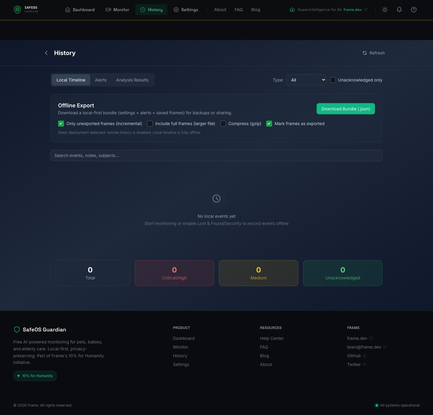 SafeOS History page with local timeline viewer, offline bundle export controls, incremental and full frame export toggles, gzip compression option, and empty-state messaging for new users
