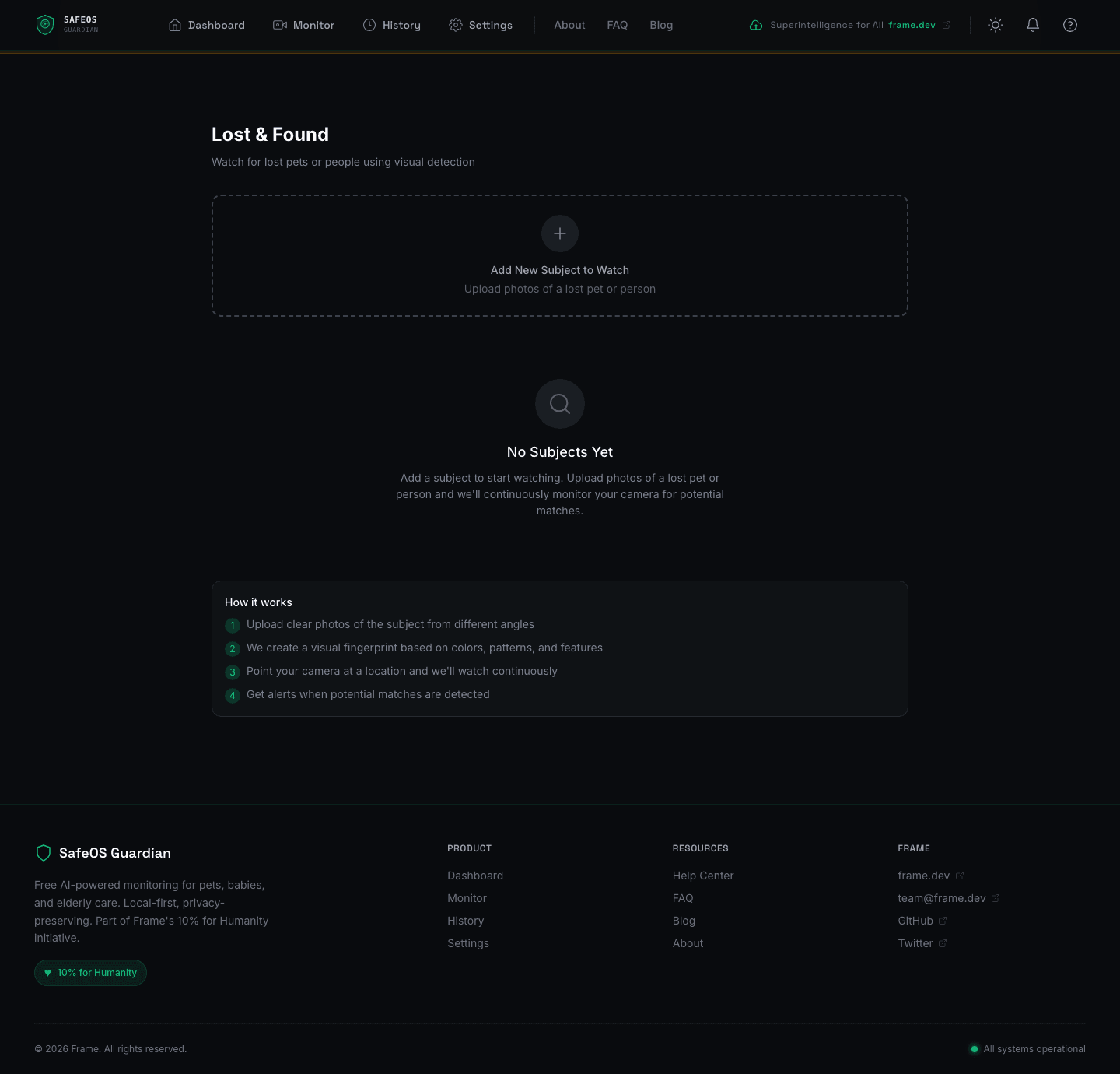 SafeOS Lost and Found page with step-by-step workflow for uploading photos of a lost pet or person, visual fingerprinting, and continuous camera monitoring for matches