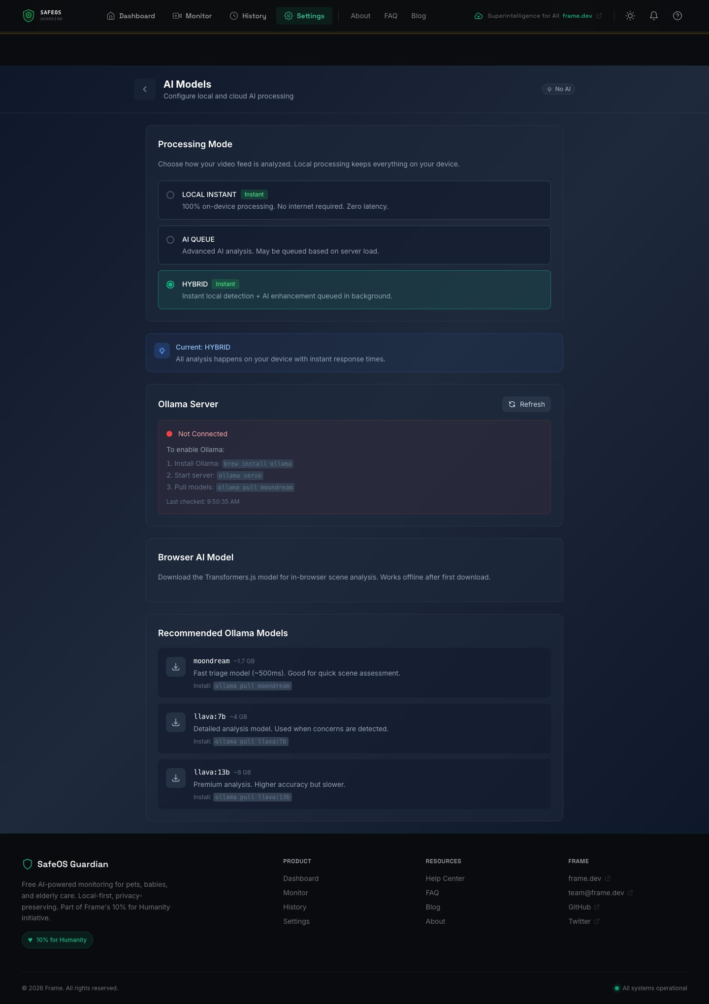 SafeOS AI Models settings page showing processing mode selection between local instant, AI queue, and hybrid modes, Ollama server connection status, and recommended local vision models with install commands