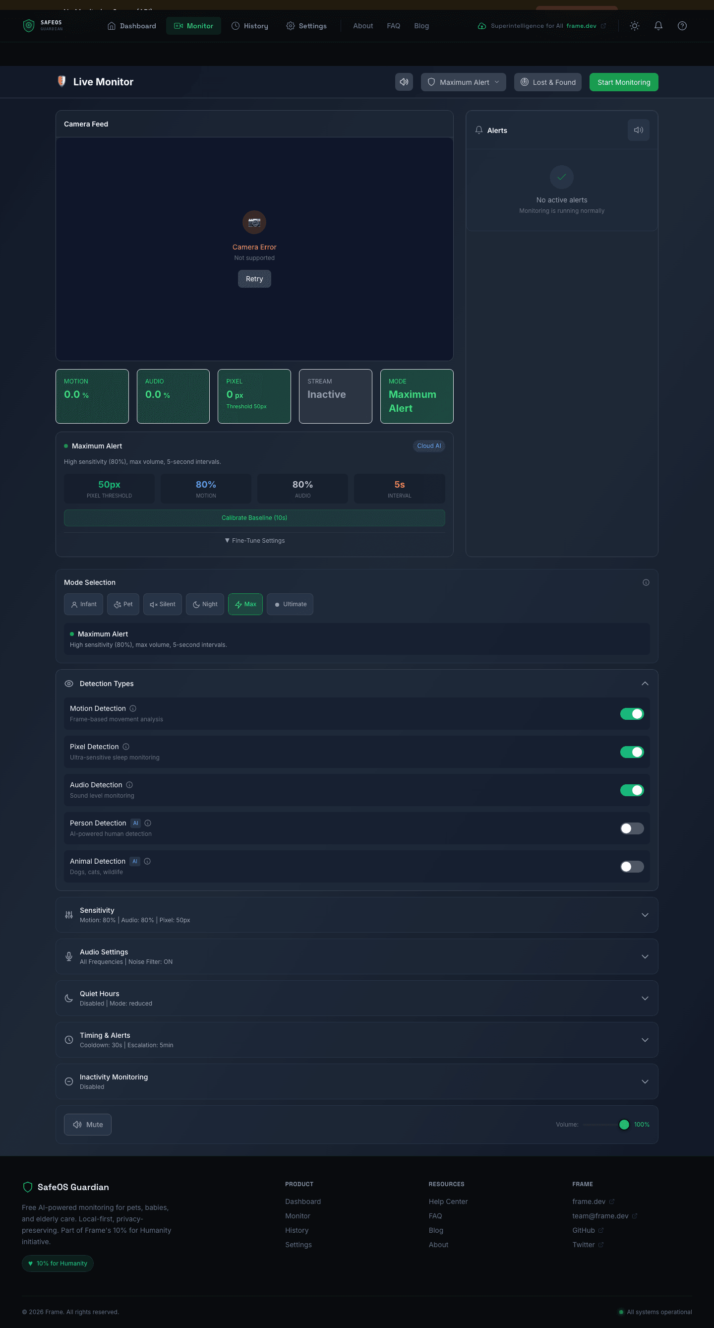 SafeOS Live Monitor page showing real-time detection metrics (motion, audio, pixel threshold, stream state, mode), five monitoring presets (infant, pet, silent, night, max, ultimate), five detection toggles with AI tags, sensitivity sliders for motion audio and pixel, five audio frequency profiles, quiet hours configuration, and timing and alert controls with per-severity cooldowns