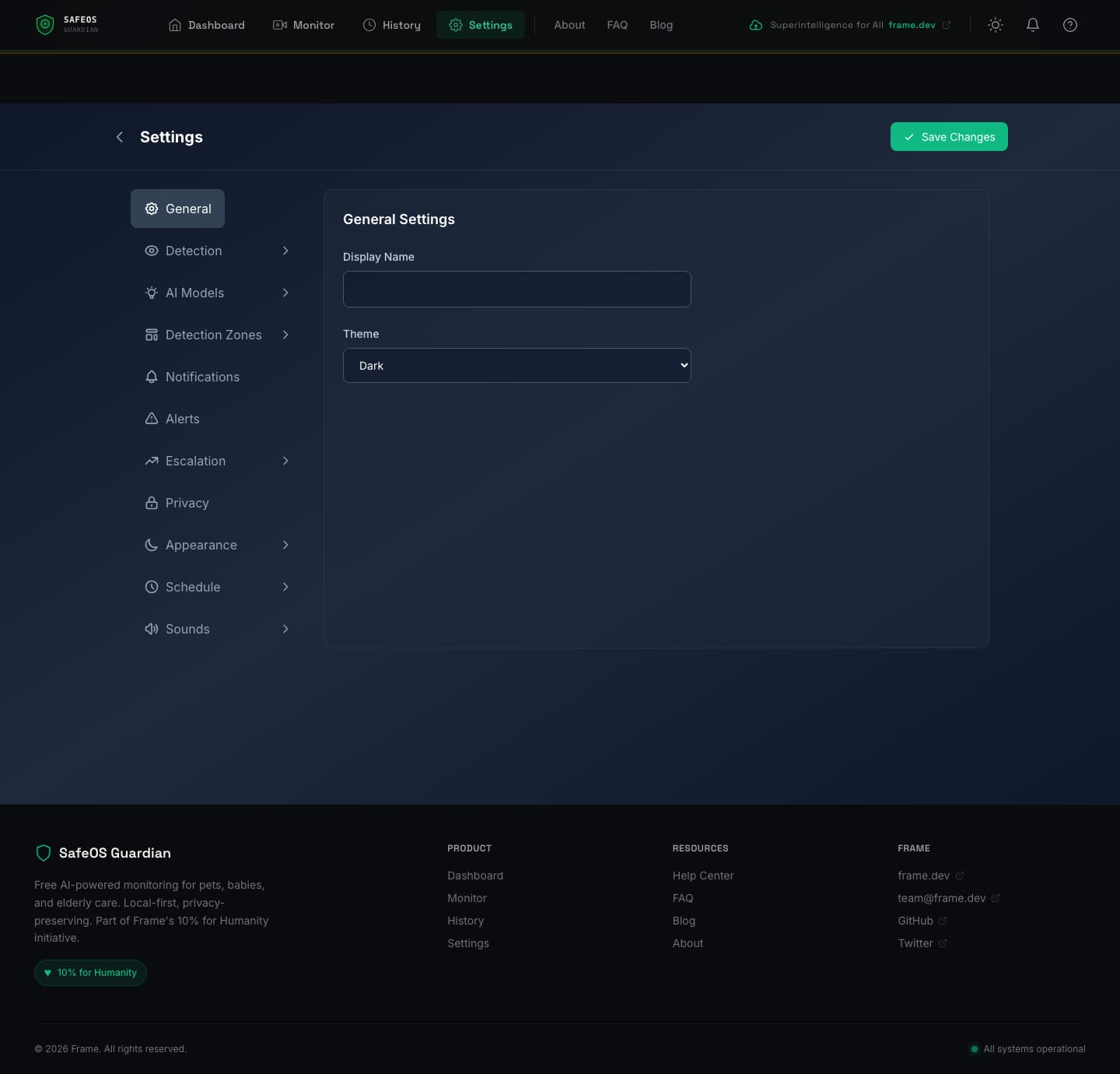 SafeOS Settings page showing the general settings with display name field, theme selection (dark, light, system), and a left nav with sections for detection, AI models, detection zones, notifications, alerts, escalation, privacy, appearance, schedule, and sounds