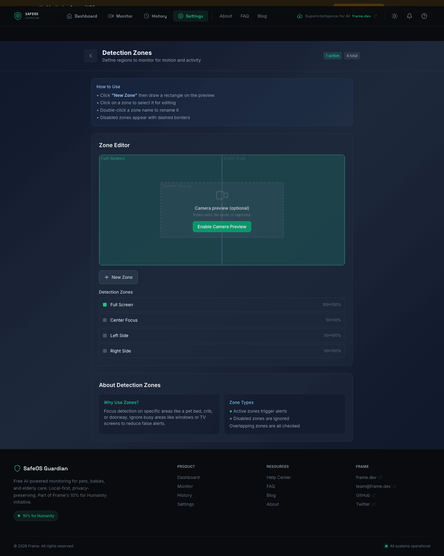 SafeOS detection zone editor showing a full-screen default zone plus three sample zones (center focus, left side, right side) with help text for drawing, renaming, and disabling zones