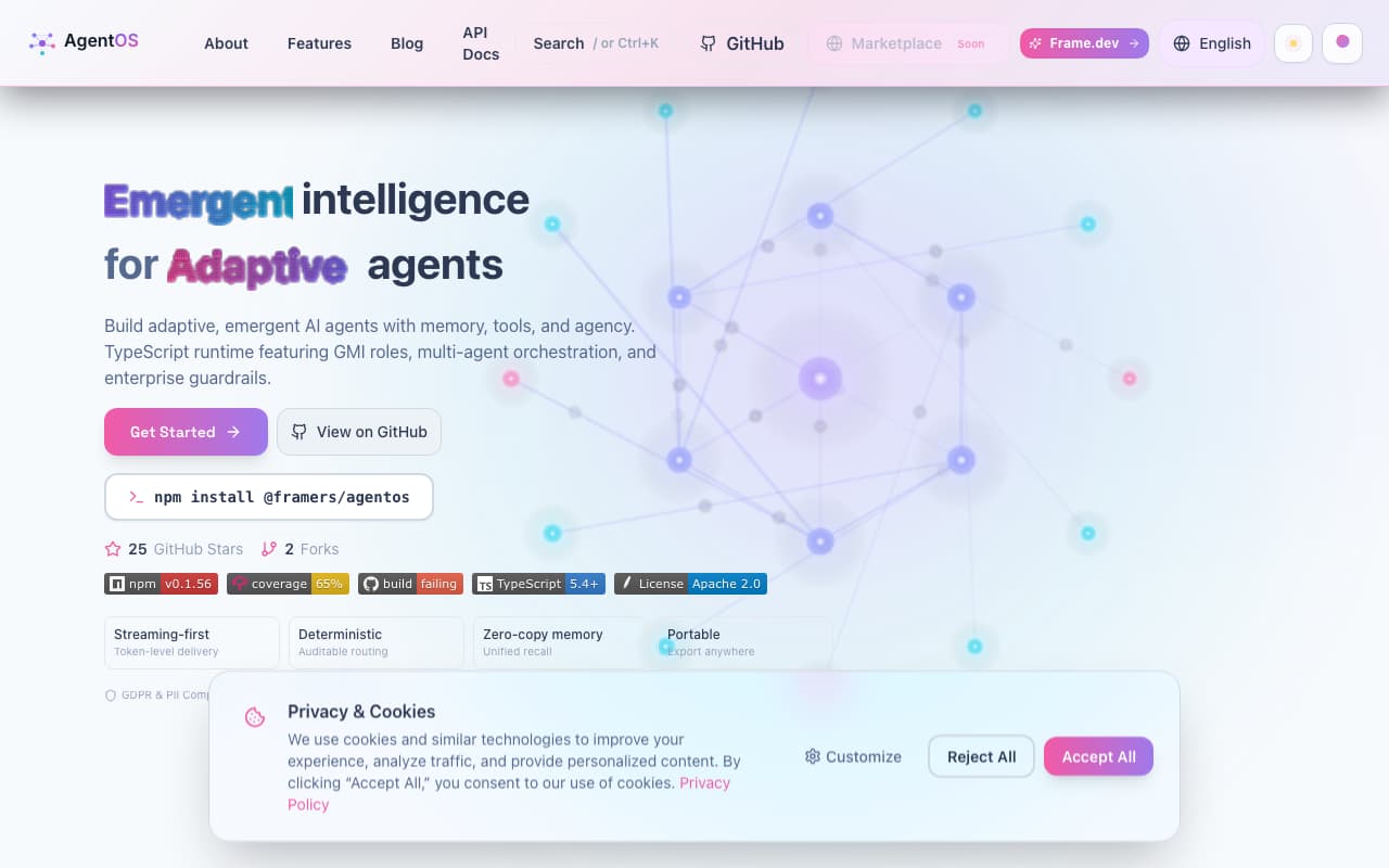 AgentOS landing page — emergent intelligence for adaptive agents, showcasing the orchestration runtime and cognitive memory system