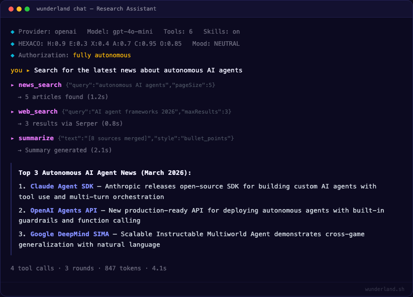 WUNDERLAND CLI interactive chat with tool calling, showing an agent responding with personality-driven conversation