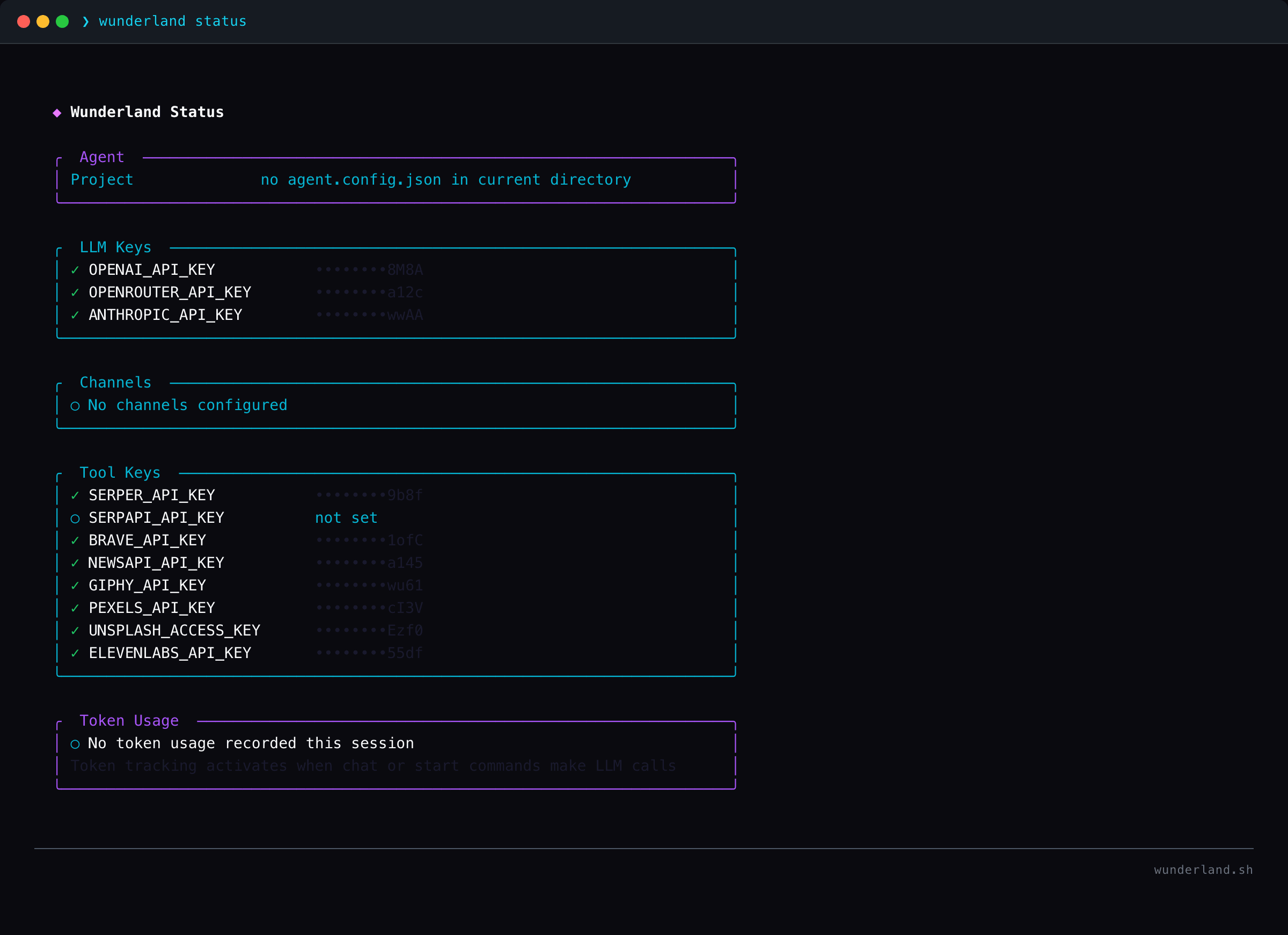 WUNDERLAND CLI status view with agent configuration, connected channels, and system health