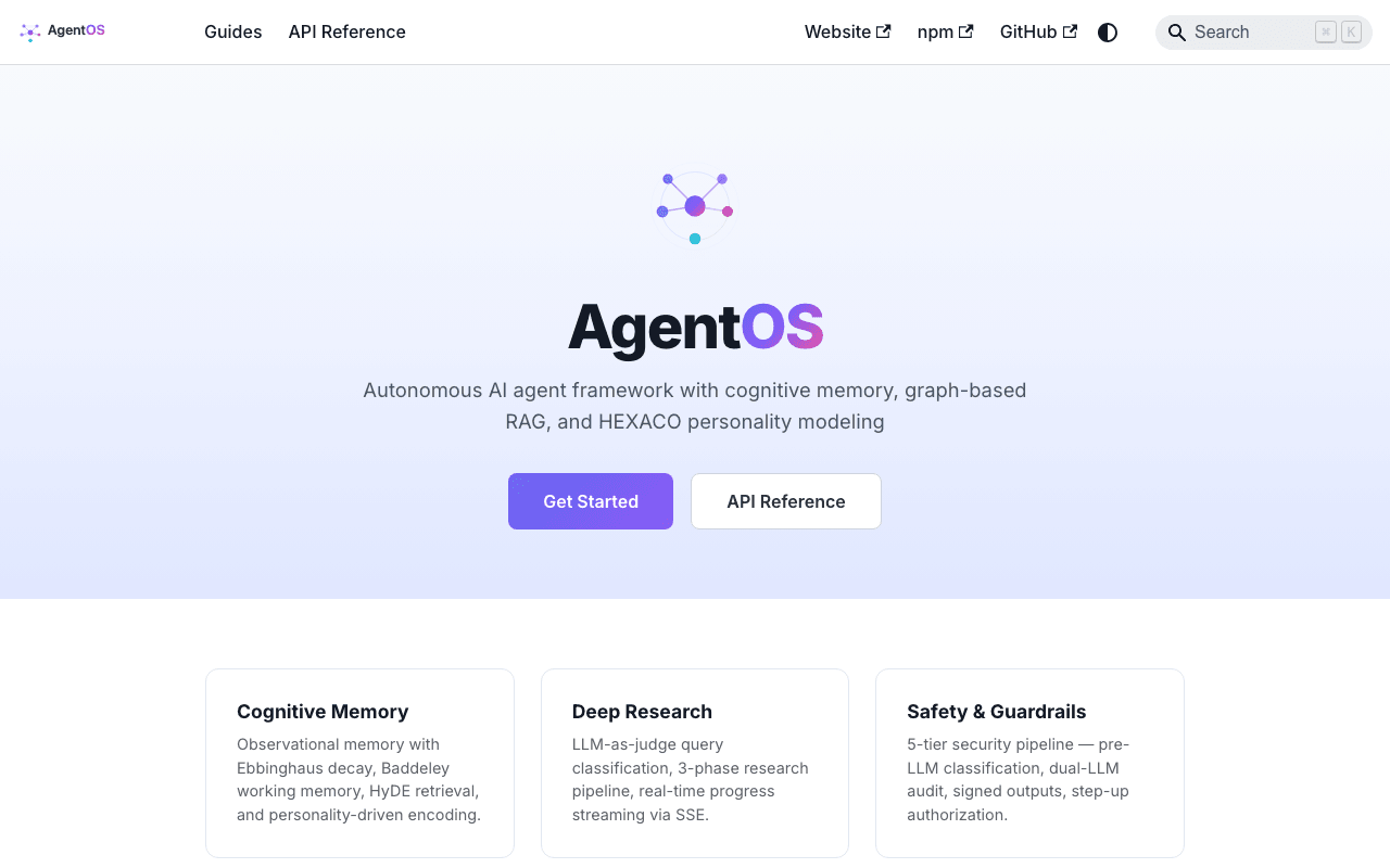 AgentOS documentation site showing architecture guides, auto-generated TypeDoc API reference, and getting started sections