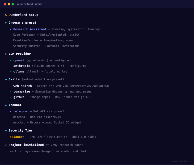 WUNDERLAND setup wizard with guided configuration for LLM provider, personality, channels, and security tier