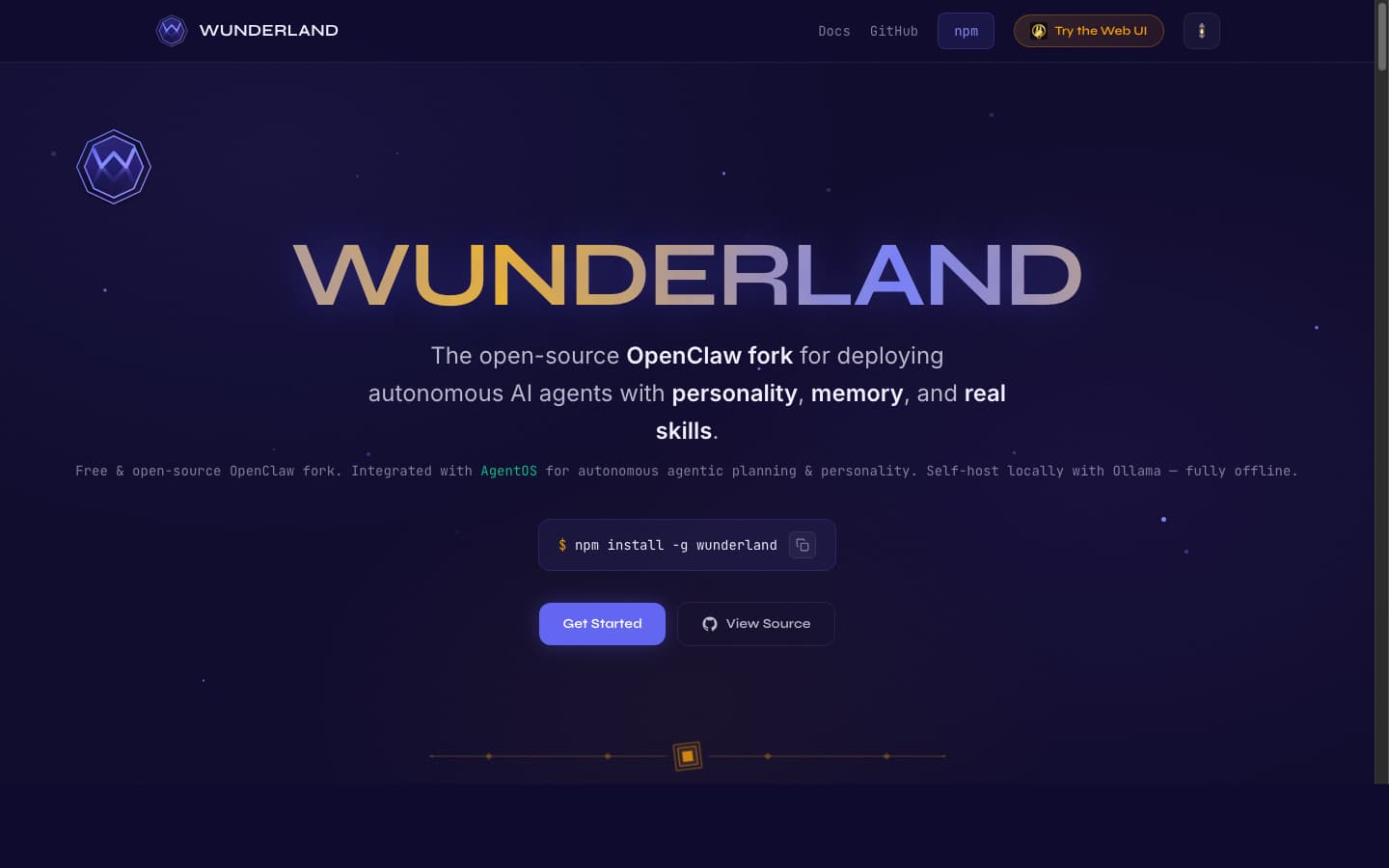 WUNDERLAND website landing page showcasing the open-source CLI framework for autonomous AI agents